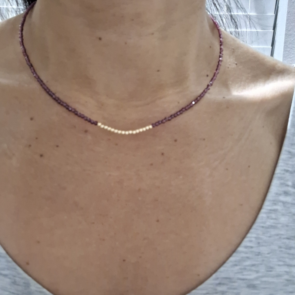 Elegant Real Garnet Beaded Necklace with Real 14k YellowGold Accents-dainty. 16" - Picture 5 of 9